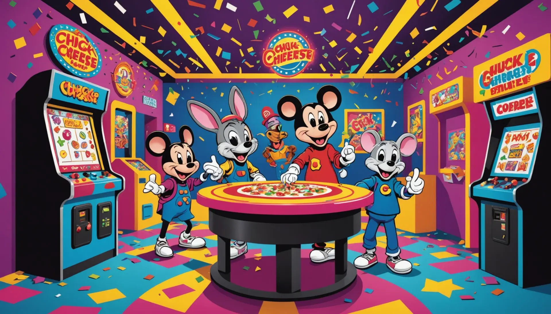 Editorial illustration capturing the chuck e cheese slang meaning with playful, nostalgic imagery