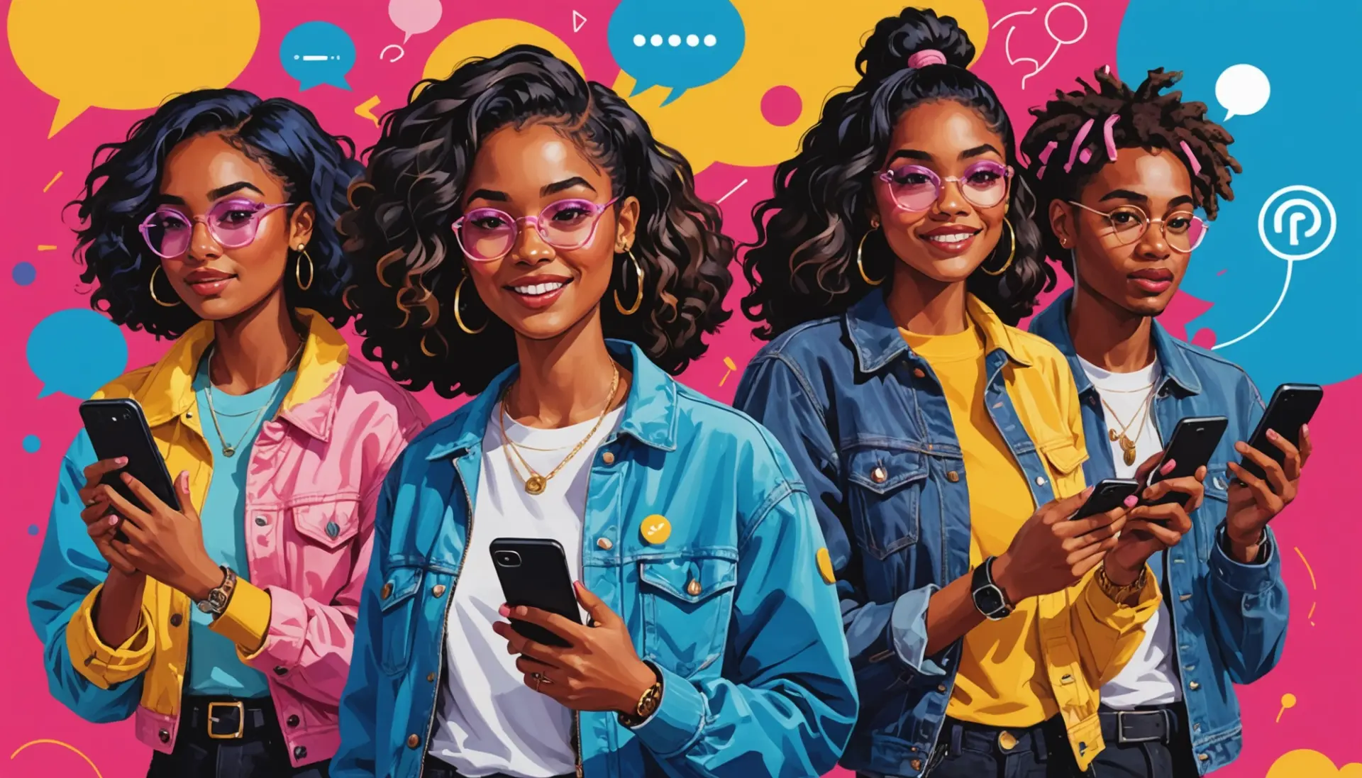 Editorial illustration showing people texting with the phrase what does dwu mean in text represented visually