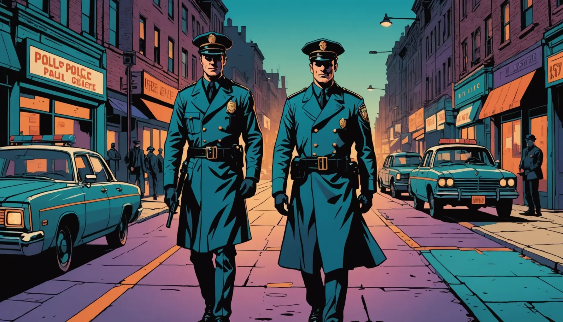 Editorial illustration showing a vintage police officer with urban backdrop, focusing on the phrase what is copper slang for in concept