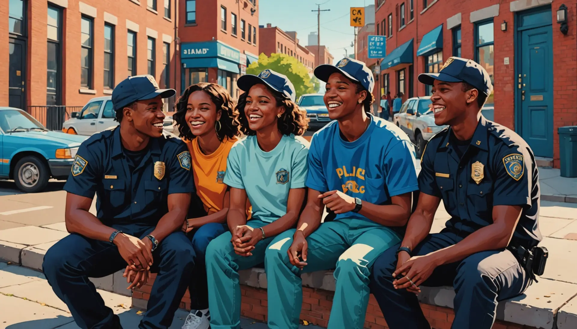 Editorial illustration showing a group of diverse people using slang names for cops