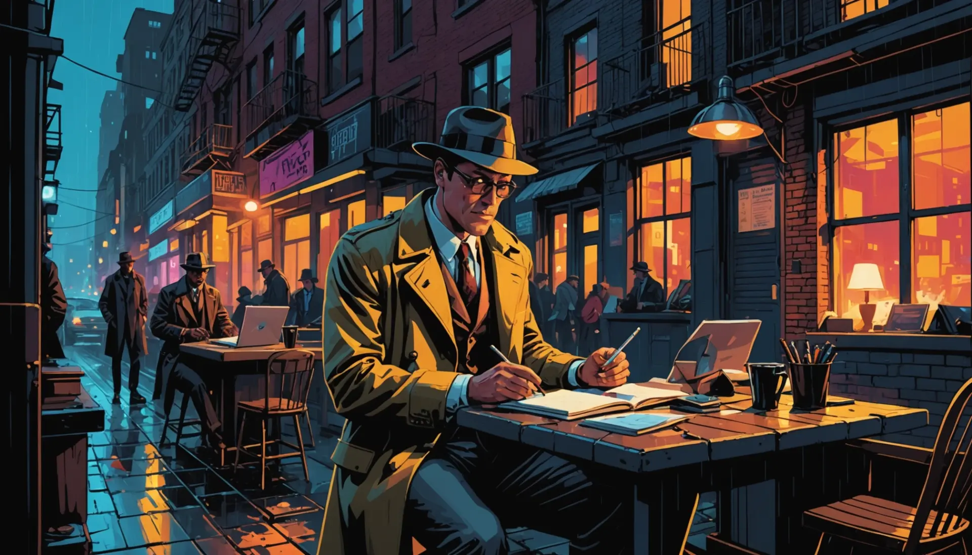 Editorial illustration of a gumshoe scene representing slang for private eye