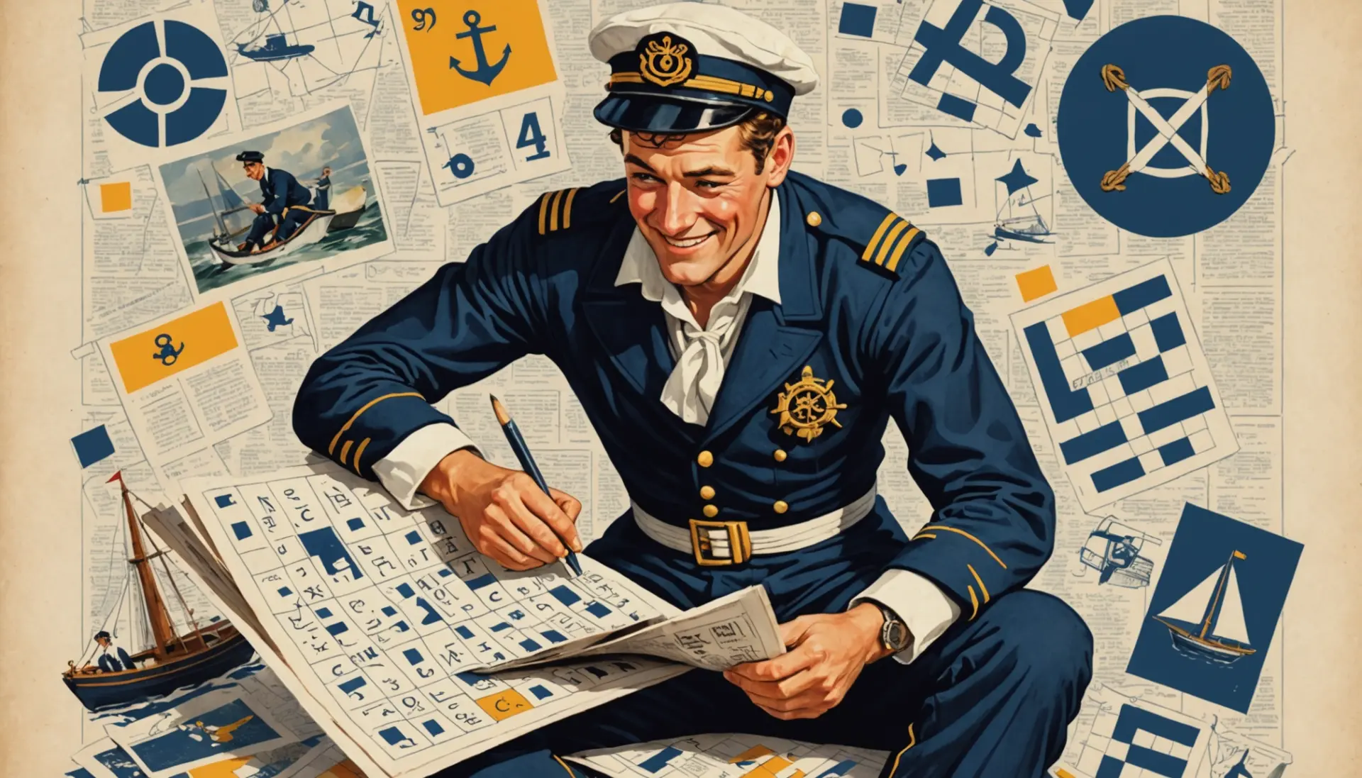 Editorial illustration showing a British sailor in slang crossword clue with the phrase british sailor in slang crossword implied