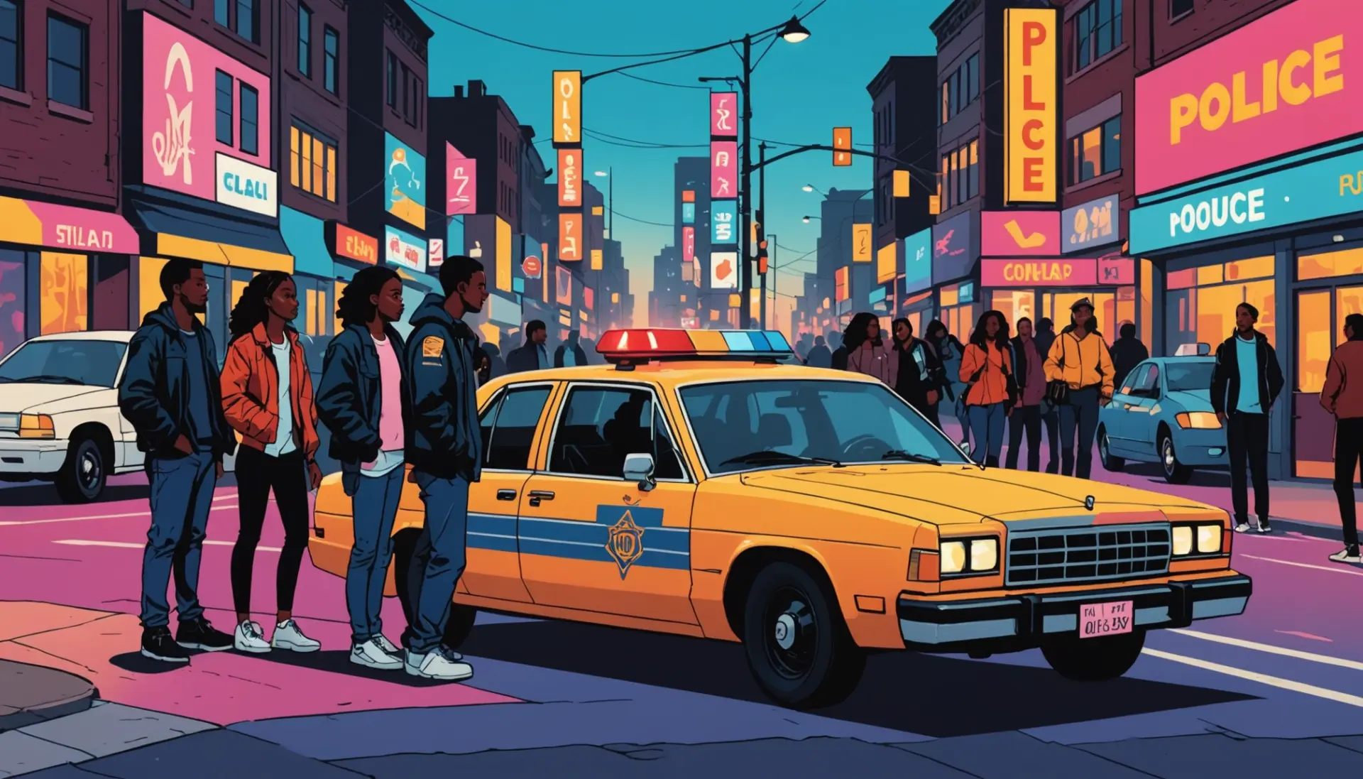 An editorial illustration showing people on a city street with speech bubbles containing slang terms for police officers