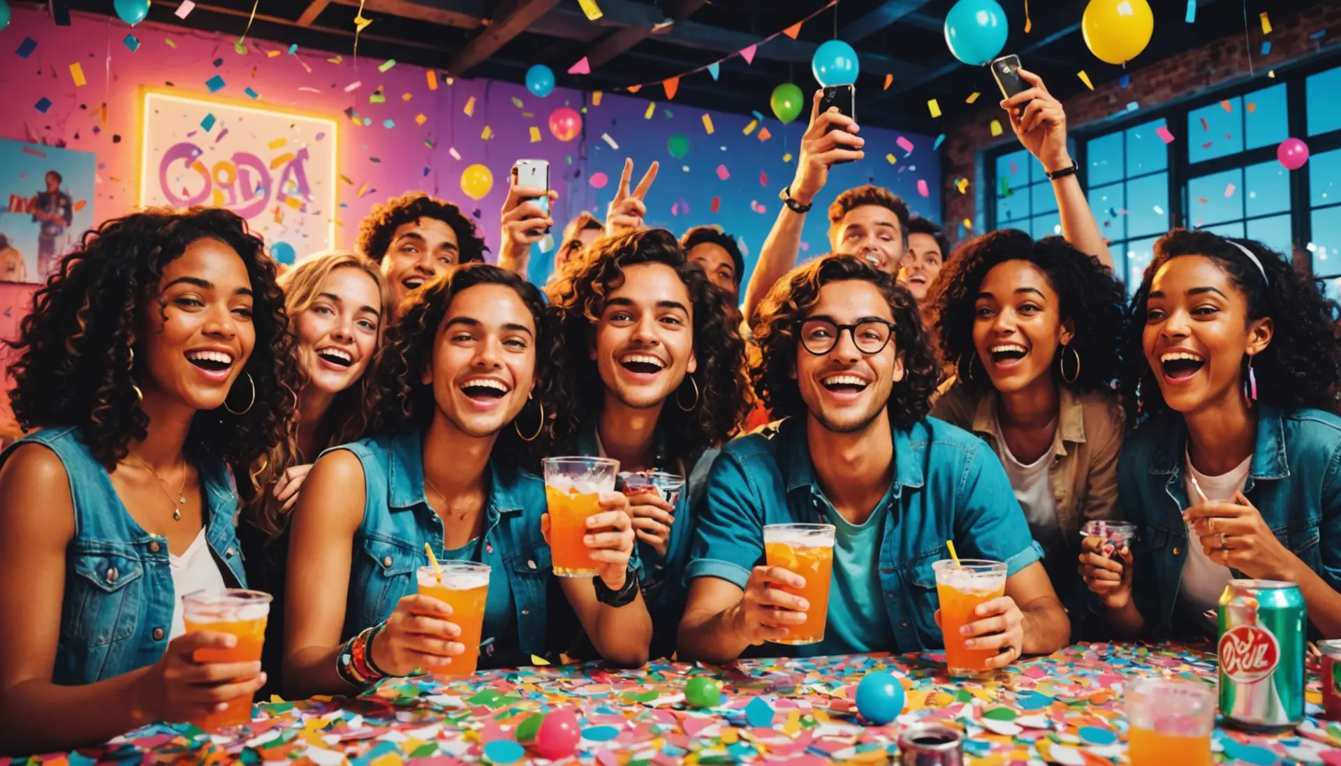Editorial illustration of a lively soda party urban dictionary scene with energetic youth, colorful cans, and meme-style vibe