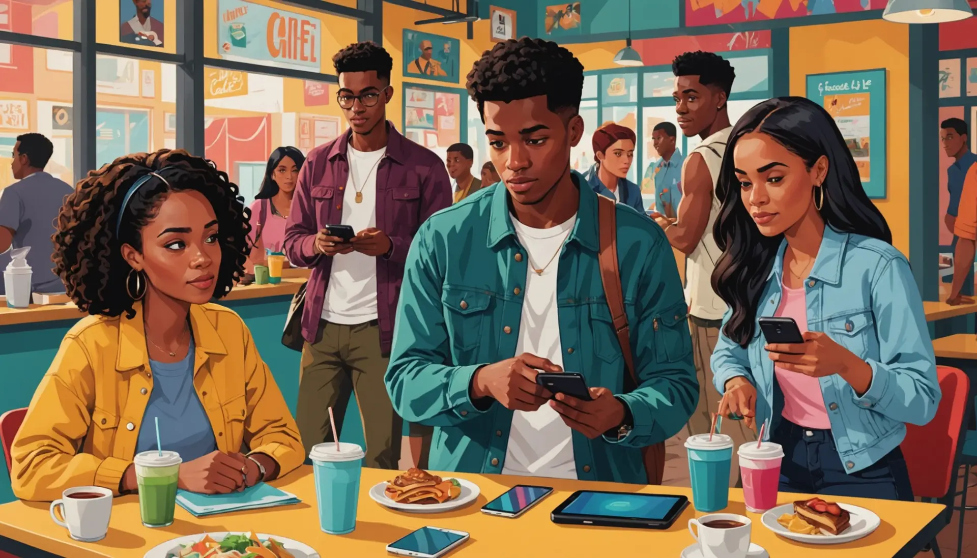 Editorial illustration showing young people debating with one person literally hesitating, caption concept for cold feet meaning slang