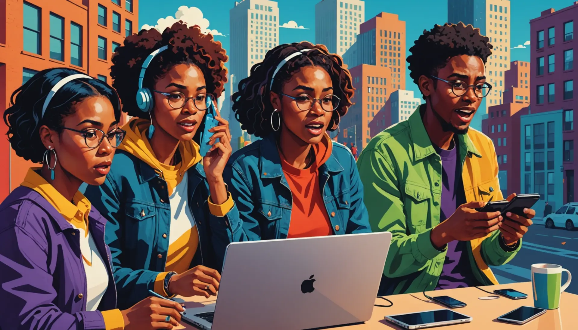 Editorial illustration showing young people reacting to a cliffhanger, with the phrase cliff meaning slang implied in context