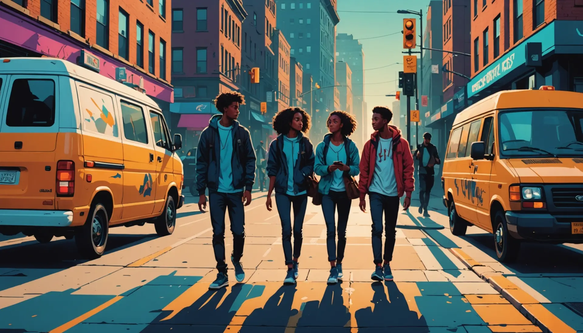 Editorial illustration showing street scene with shadowy figures and police silhouettes, caption style, flics meaning slang