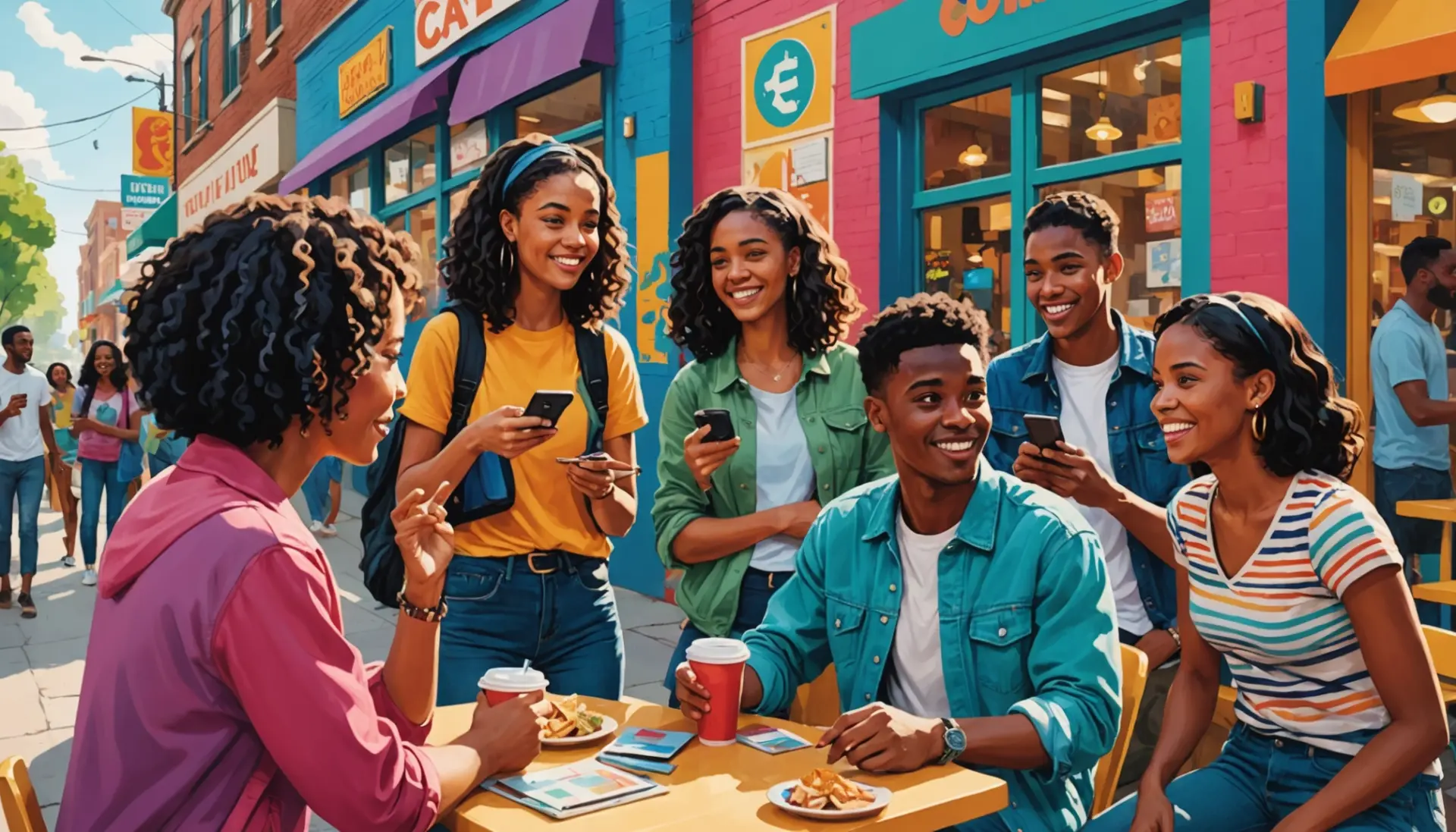 Editorial illustration depicting friends at a city spot to illustrate spot meaning slang