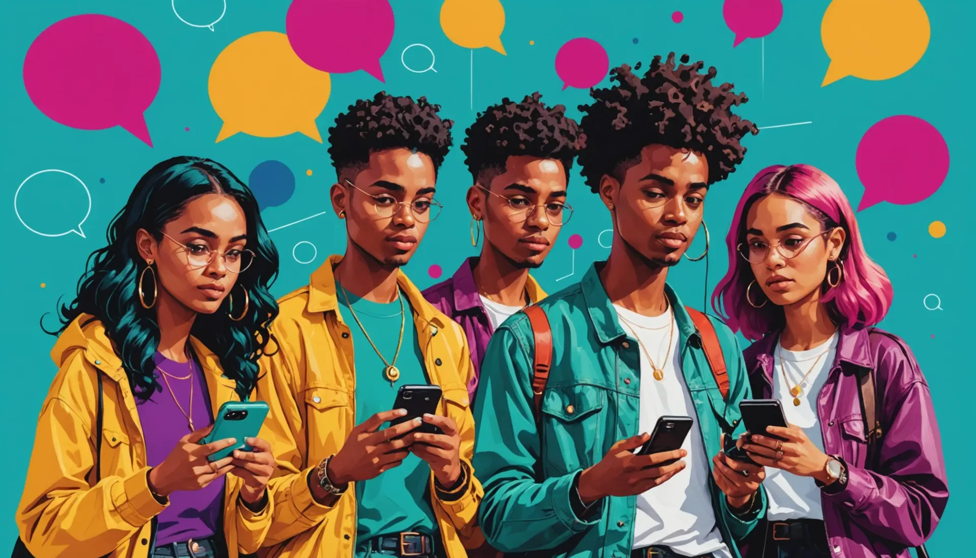 Editorial illustration showing people reacting with 'mh' in chat bubbles, representing mh urban dictionary