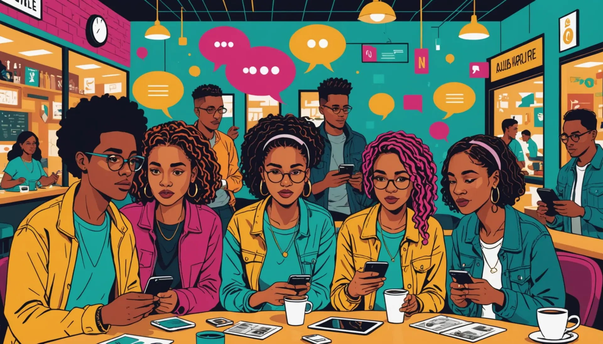 Editorial illustration of young people using phones with speech bubbles showing the phrase etp meaning slang