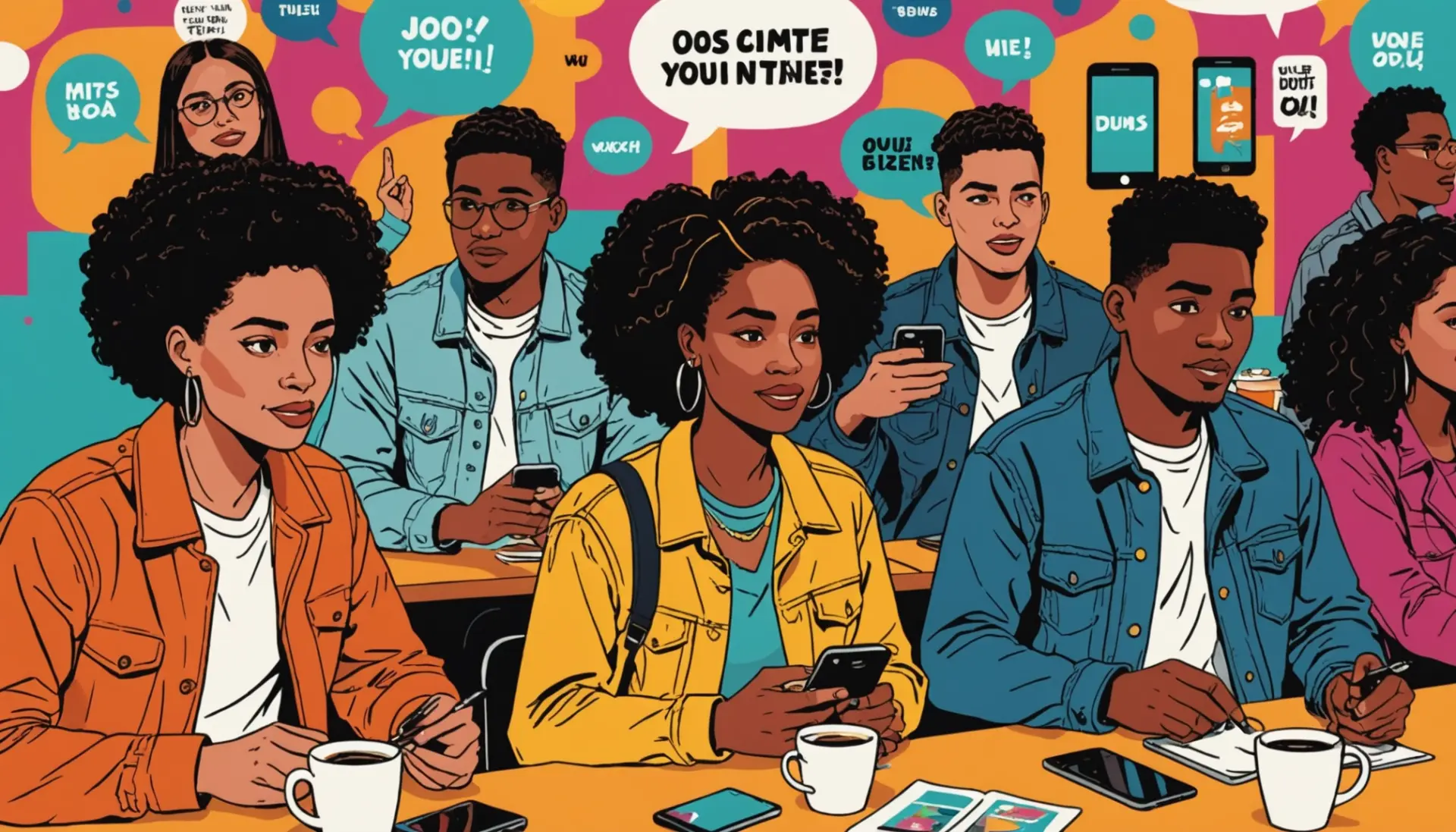Editorial illustration showing young people using slang for very apparent in speech bubbles