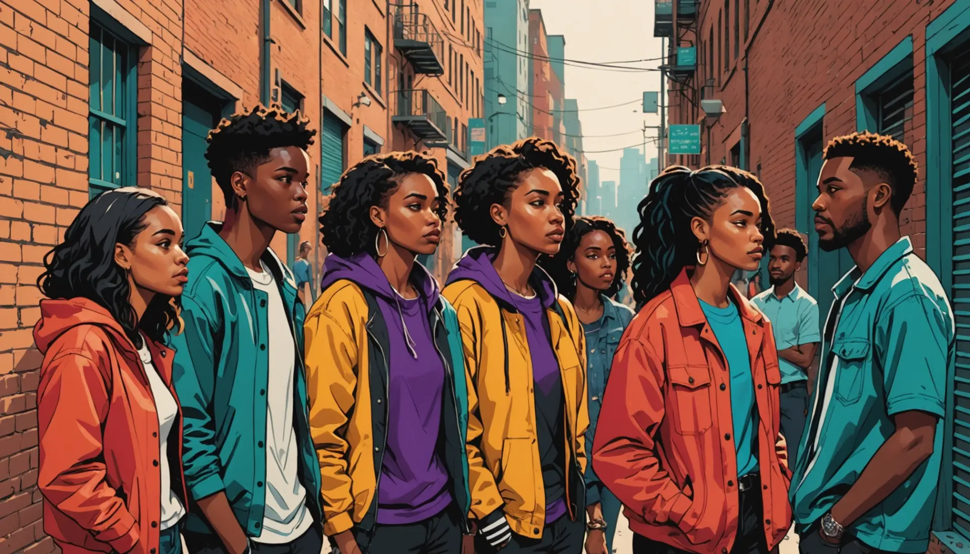 Editorial illustration showing tense urban scene and the phrase mud shark slang implied visually