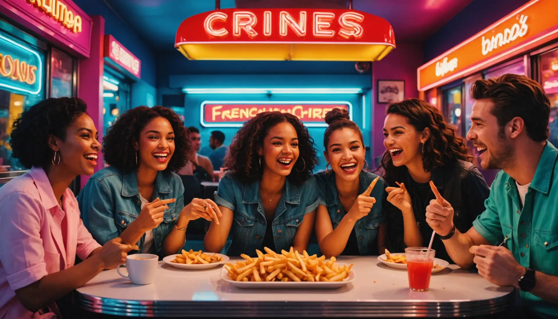 Editorial illustration showing people saying 'what does fries mean in slang' while holding fries