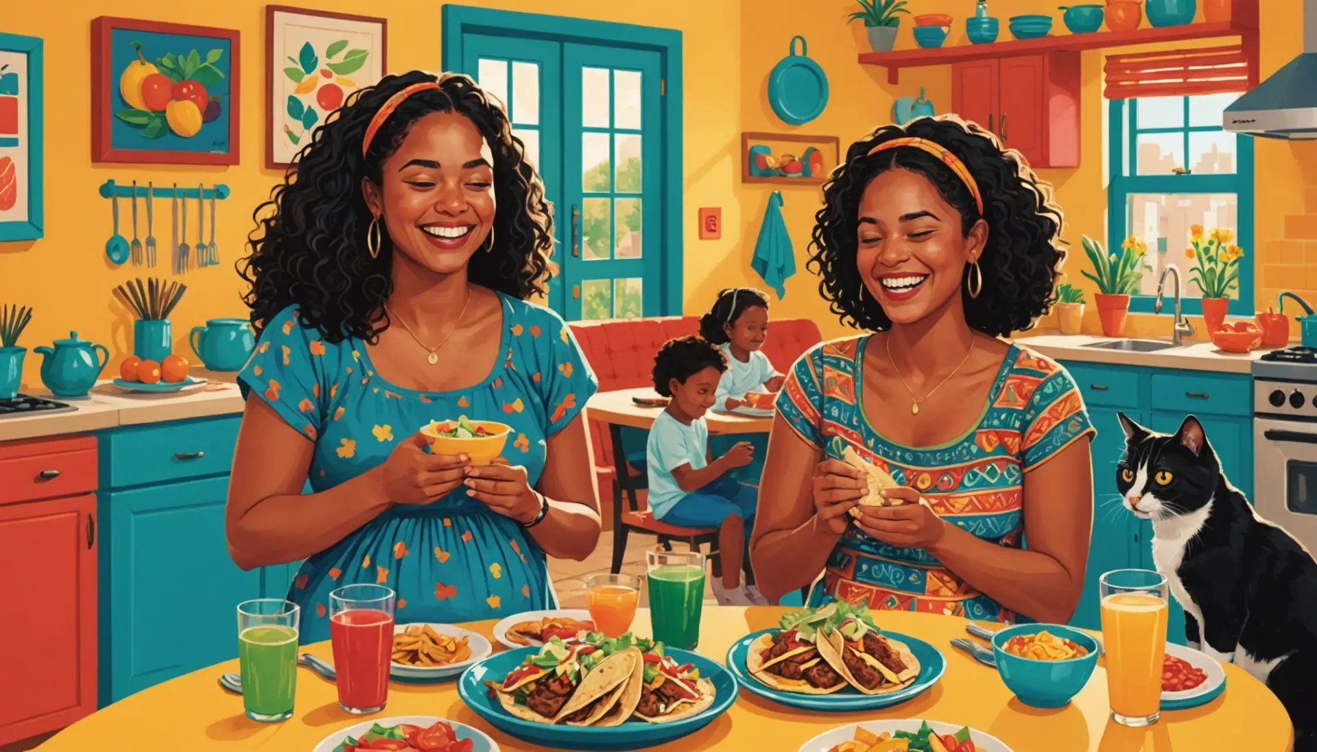 Editorial illustration showing people referencing what does pancita mean with cozy family vibes