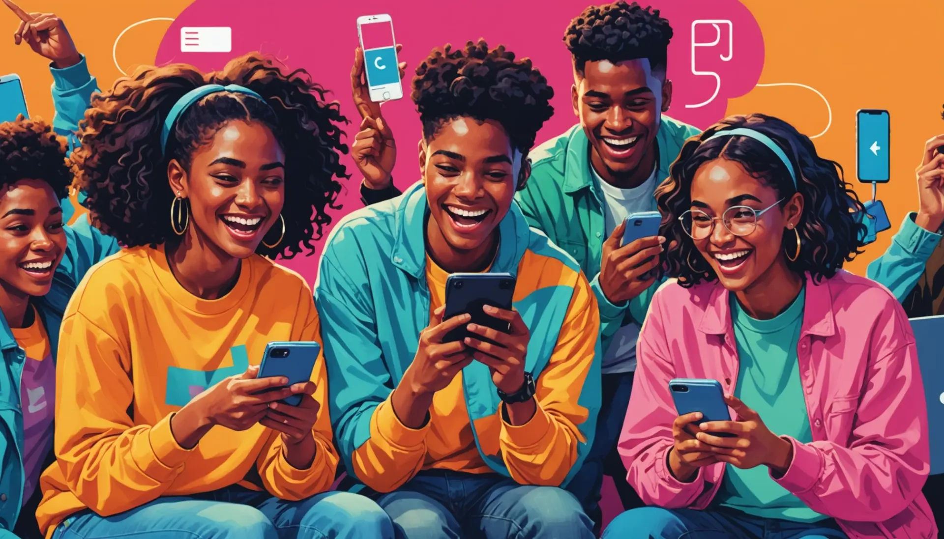 Editorial illustration showing people searching the phrase rule 42 urban dictionary on phones