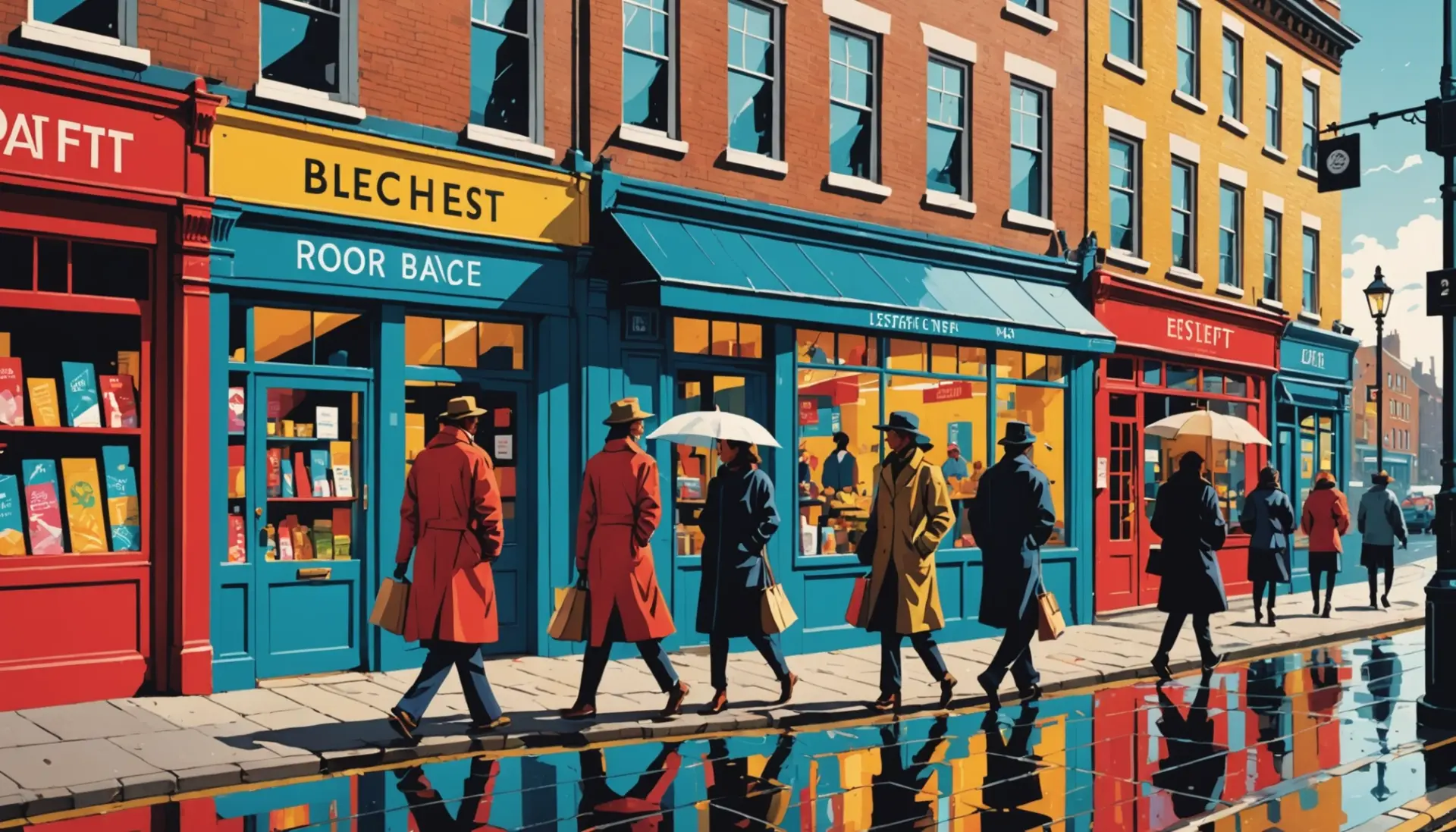 Editorial illustration showing a mixed urban scene with the phrase what is a packie british slang implied by characters, focusing on context