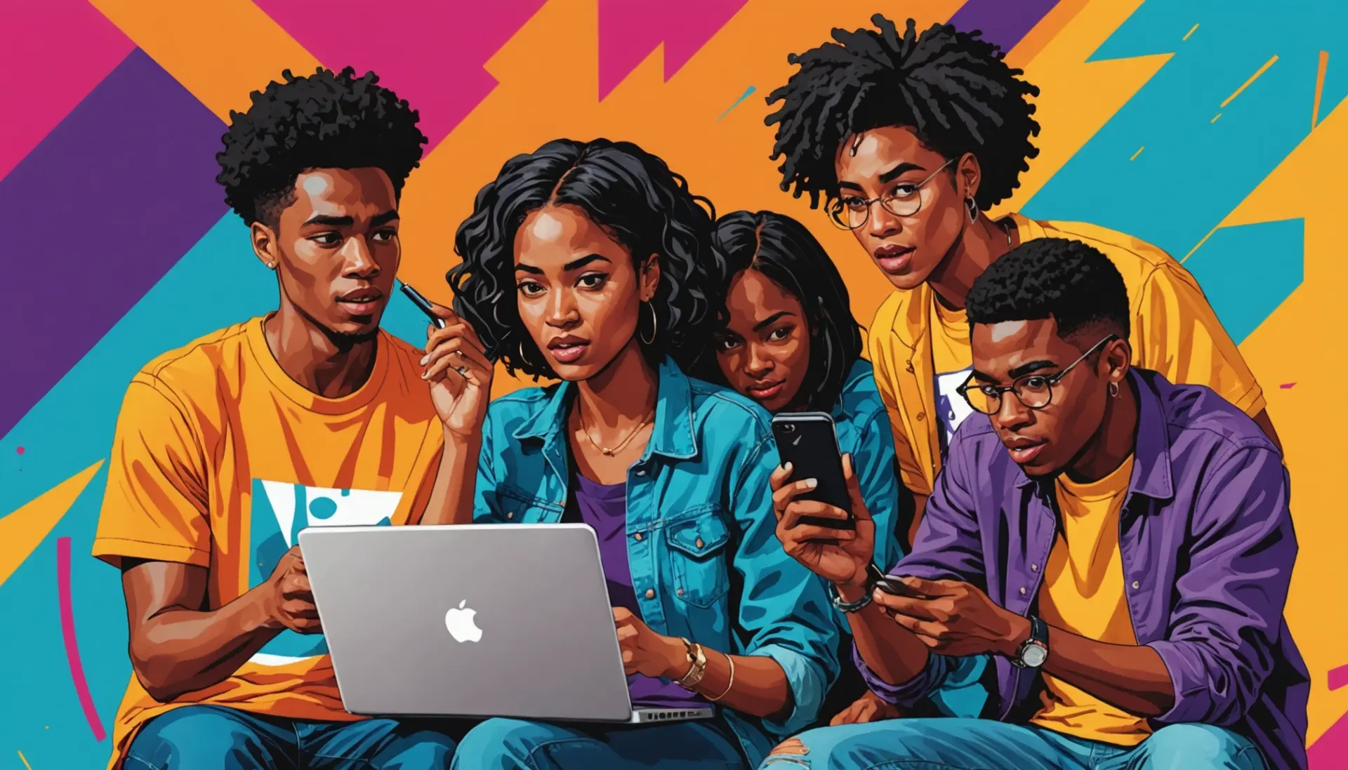 Editorial illustration of friends reacting in chat with the phrase what does gtfo mean in slang displayed as expressive motion without text