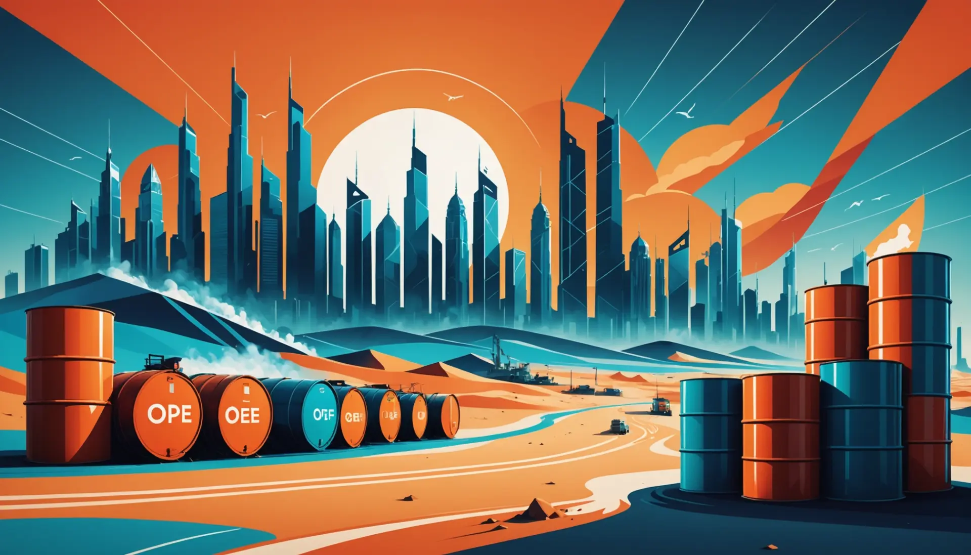 Editorial illustration representing 'what does uae leaving opec mean' concept with oil barrels and UAE skyline