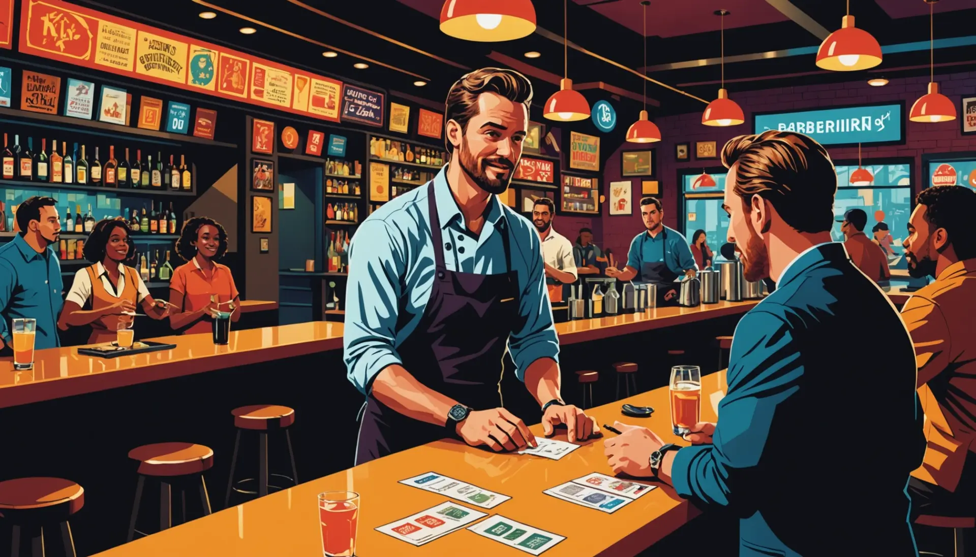 Editorial illustration showing people in a busy bar and kitchen with the phrase what does 86 mean? implied in context