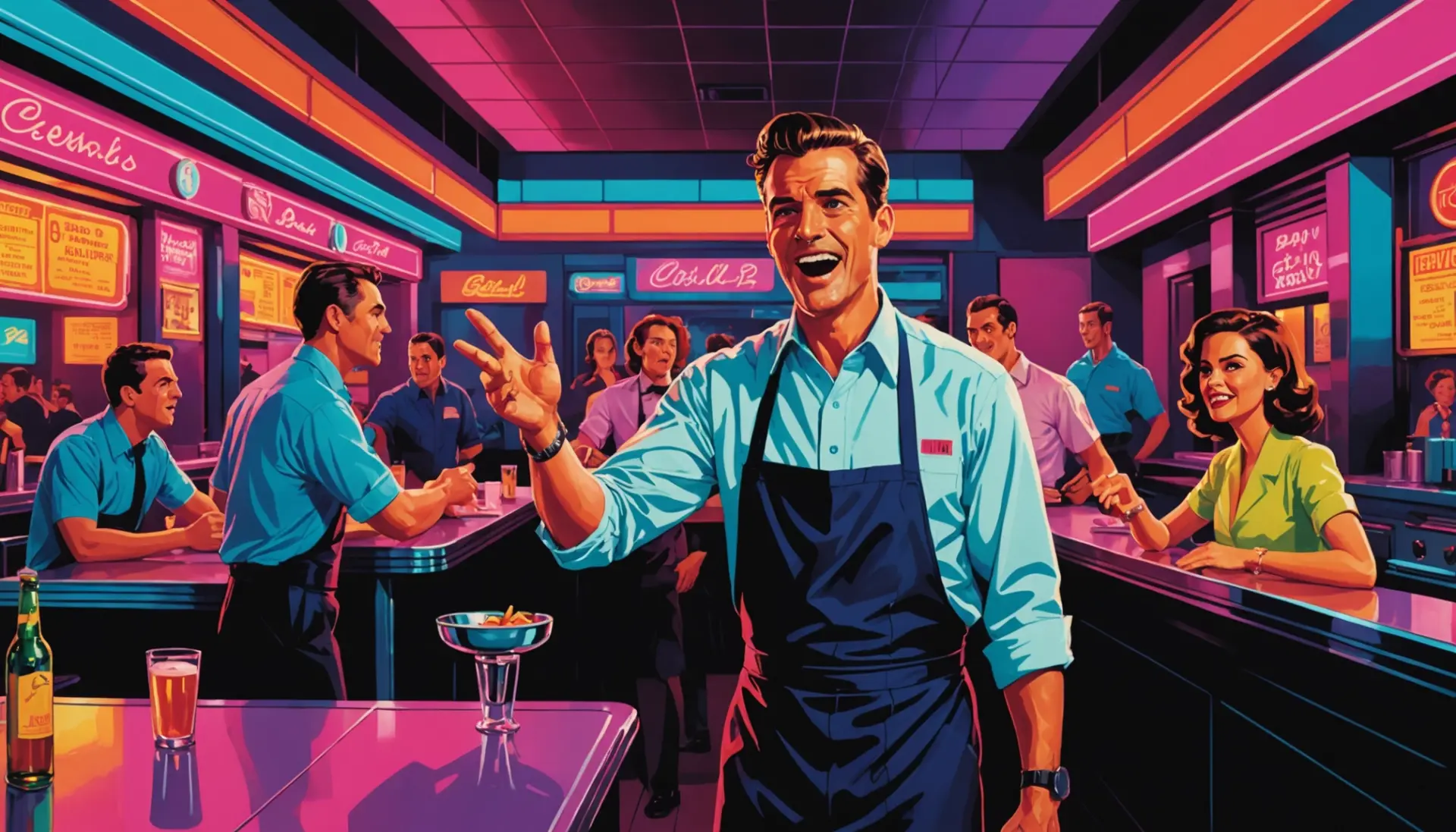 Editorial illustration showing people in a diner saying what does the term 86 mean