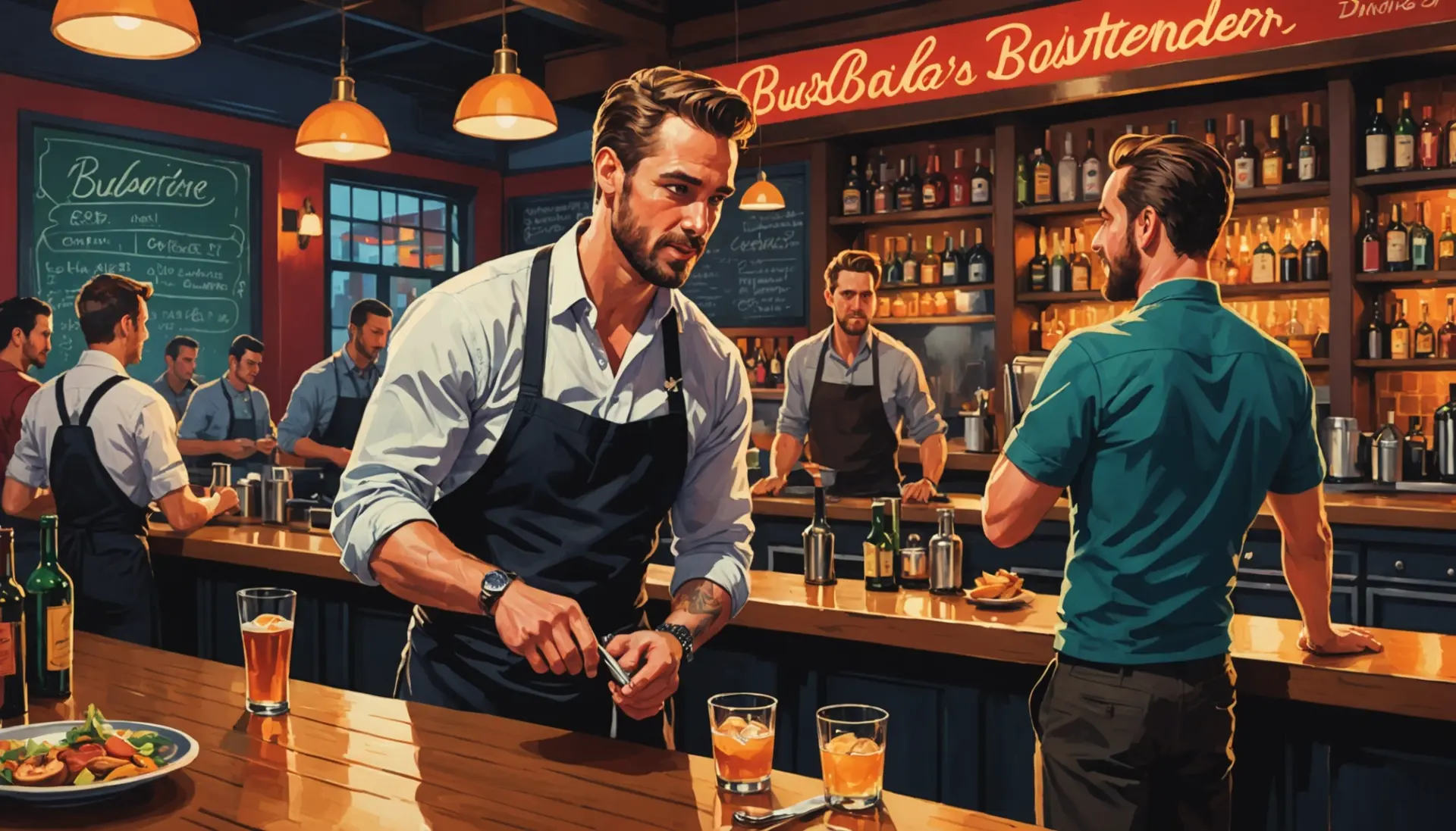 Editorial illustration of a busy bar with a bartender calling out '86' on a menu, showing what does it mean to 86 something