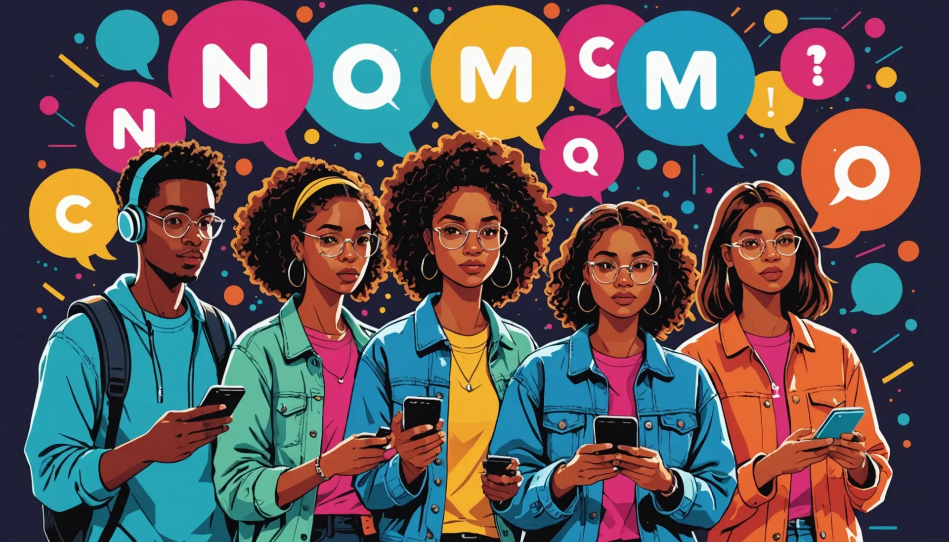 Editorial illustration showing people texting 'what does imc mean in text' on phones