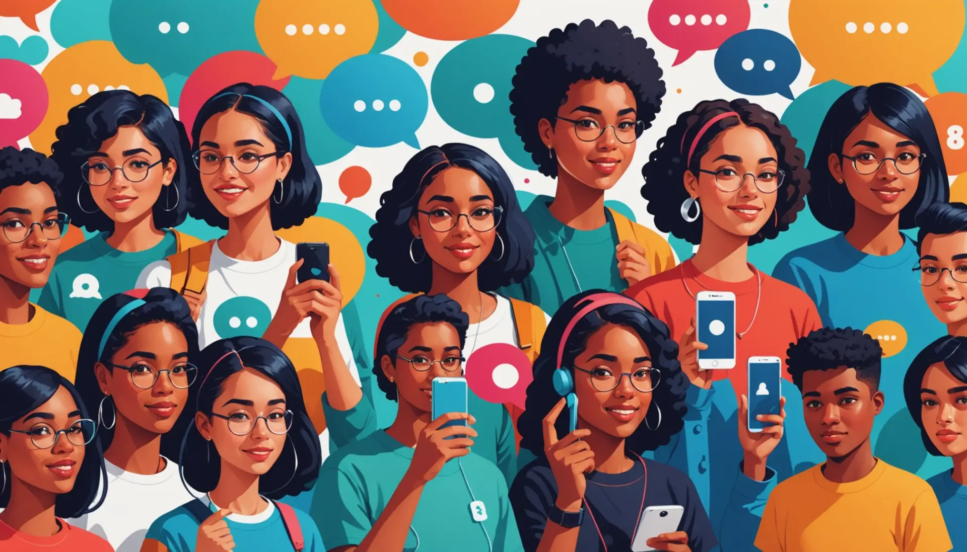 Editorial illustration depicting the question what does 8647 mean? with a collage of phones, chat bubbles, and numeric tags