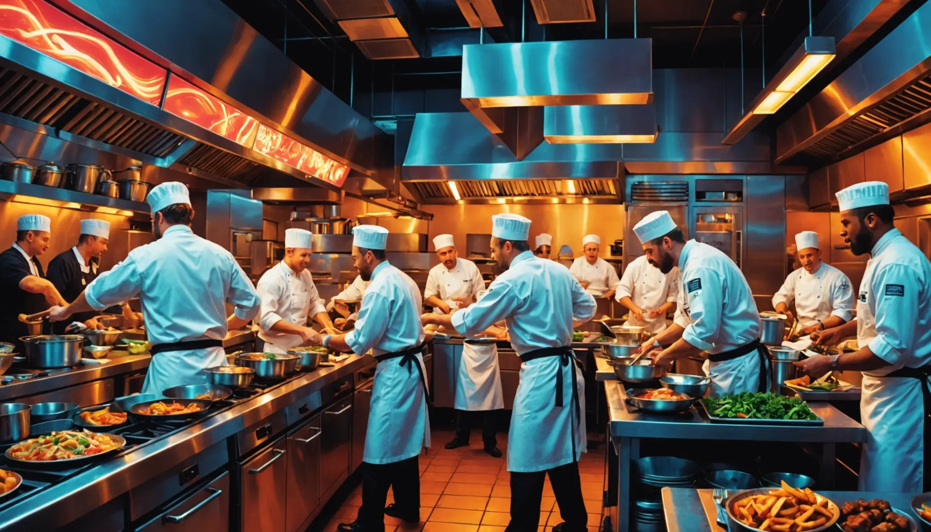 Editorial illustration showing a neon kitchen sign and staff shouting 86, caption relates to what does the number 86 mean