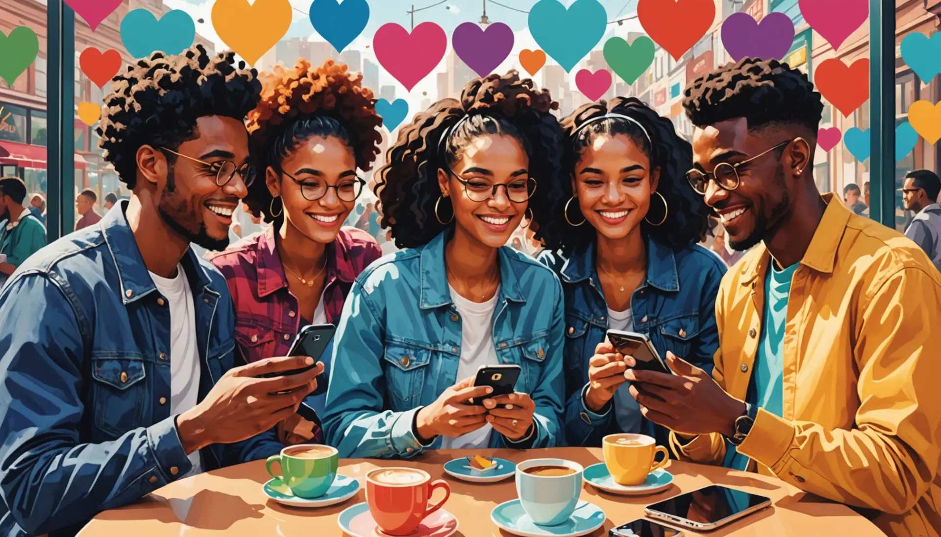 Editorial illustration showing people matching on a dating app, concept for match meaning slang