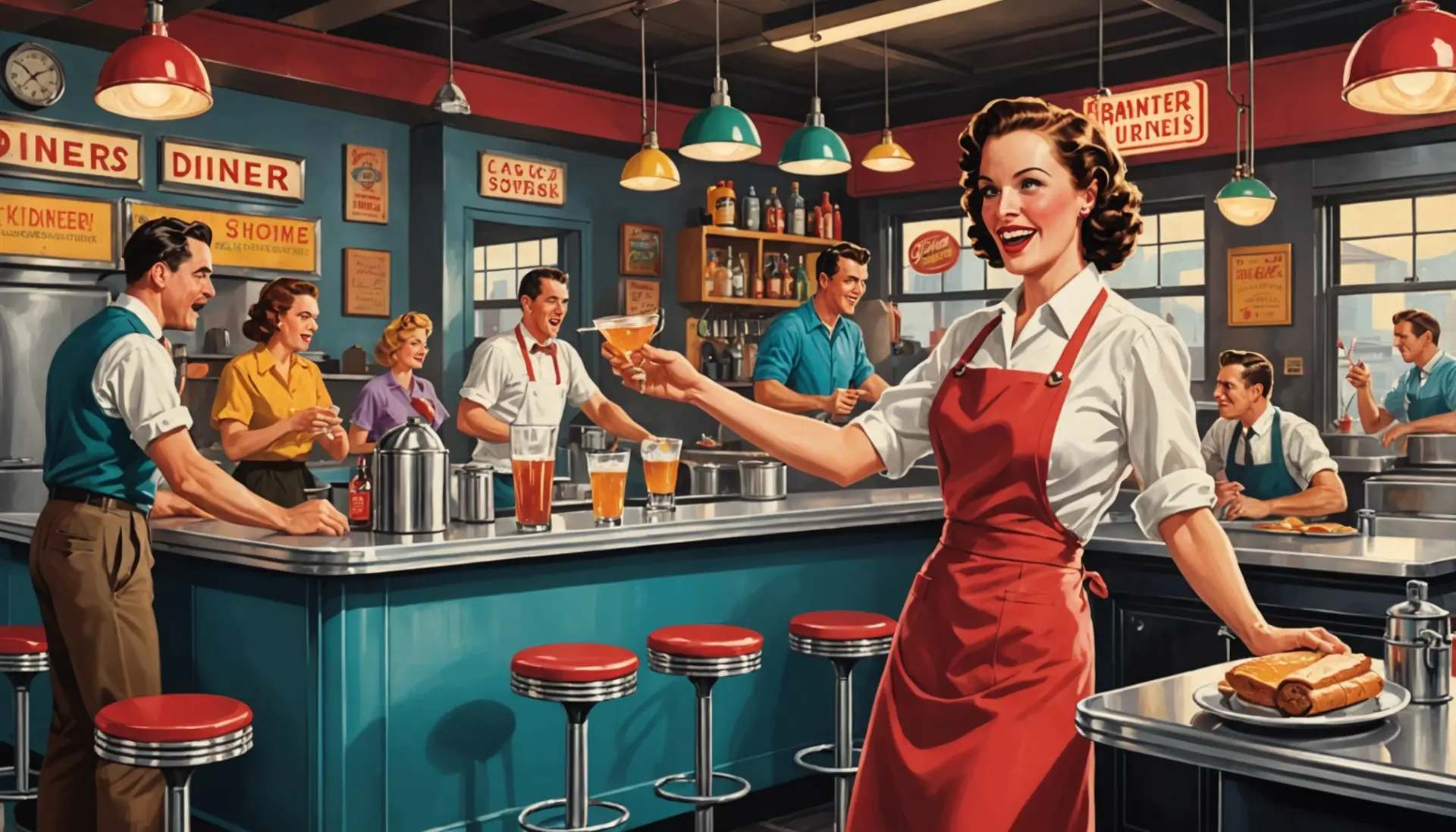 Editorial illustration showing a bustling diner scene hinting at 86 slang origin