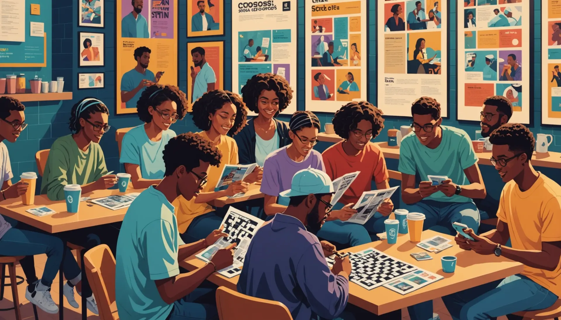 Illustration of fans around a crossword with the phrase obsessive fans in modern slang crossword clue visible in the scene
