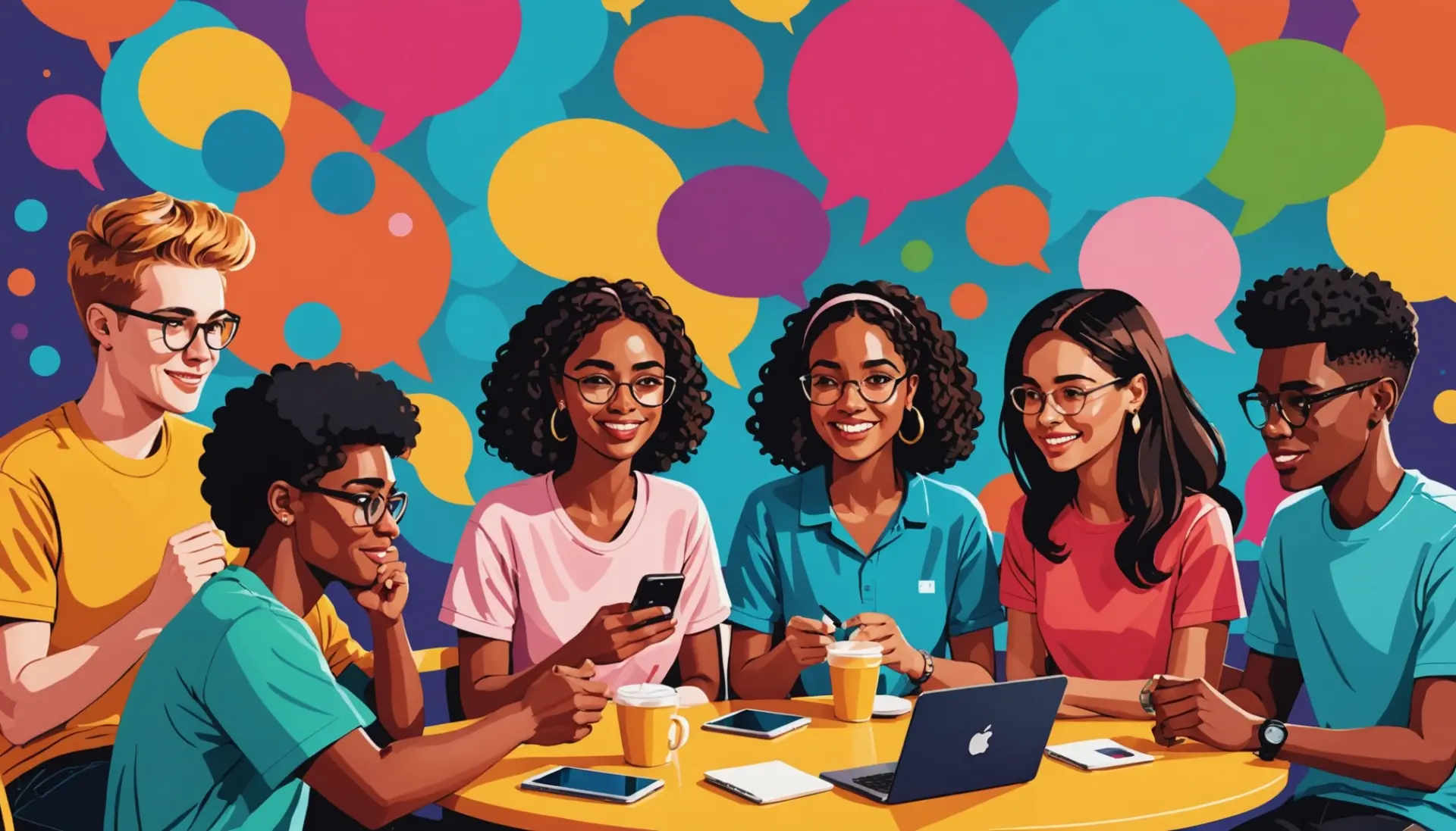 Editorial illustration showing people texting with speech bubbles and the phrase 'imo slang meaning' represented visually