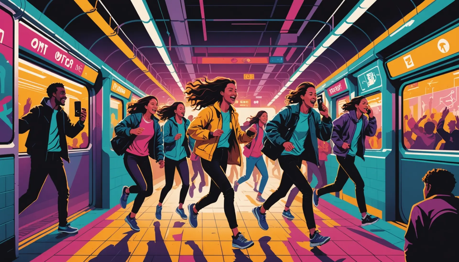 Editorial illustration showing people texting 'OTM' with the phrase what does otm mean in text highlighted