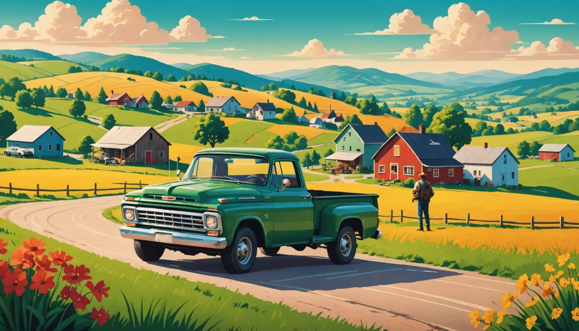 Editorial illustration showing a sunny rural landscape, nodding to the phrase what does rural mean