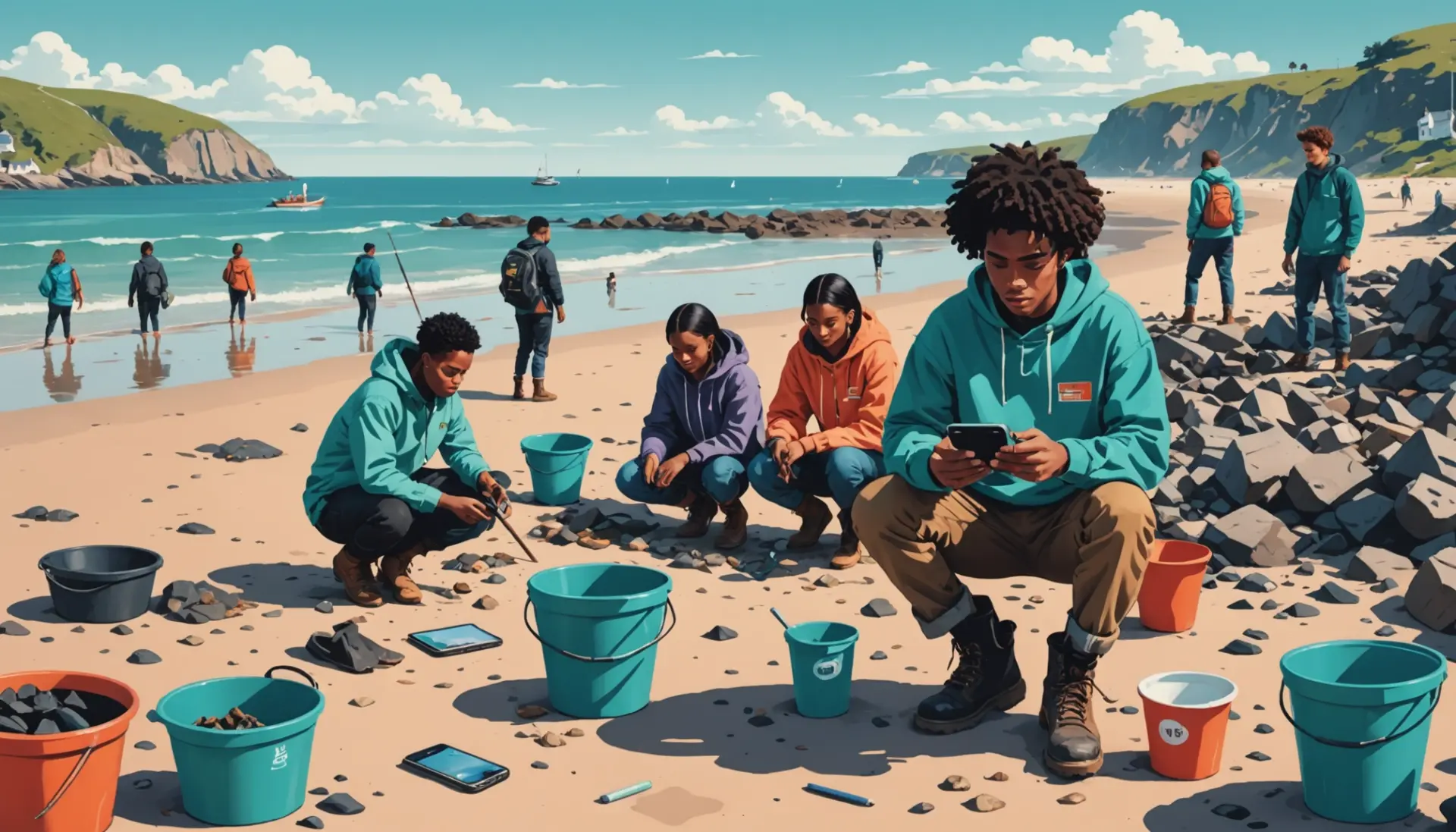Editorial illustration of people clam digging with overlay of internet slang search, featuring the phrase clam diving urban dictionary