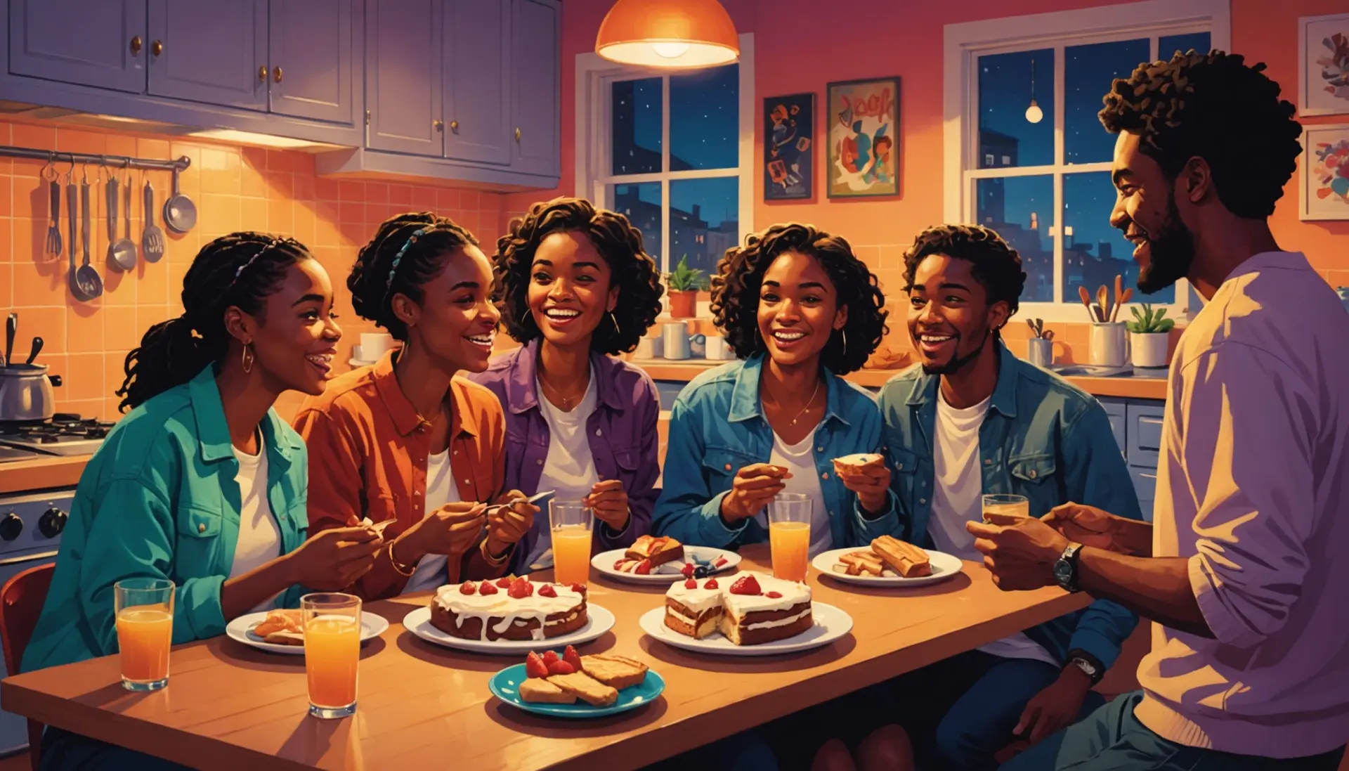 Editorial illustration of friends sharing dessert and chatting, caption concept for afters urban dictionary