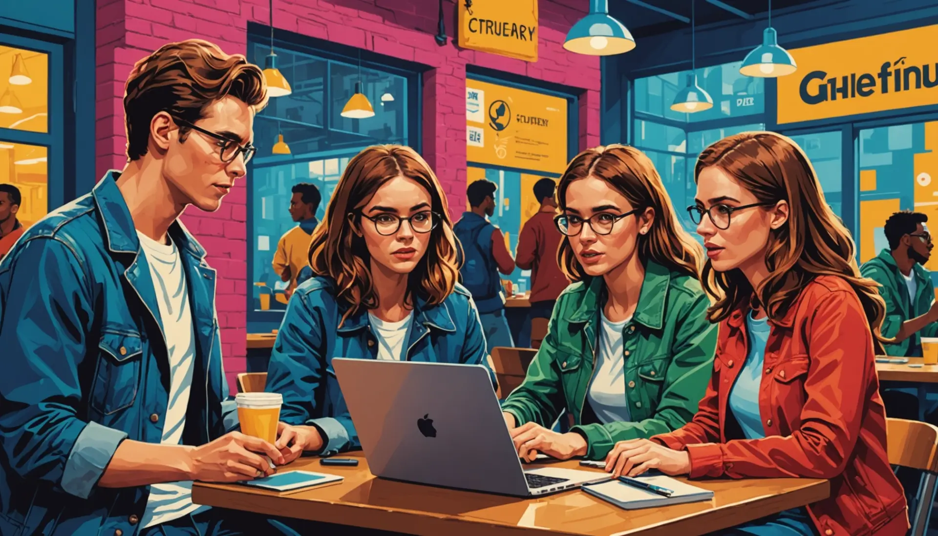 Editorial illustration of people arguing over slang definitions with Urban Dictionary open, showing slinging urban dictionary