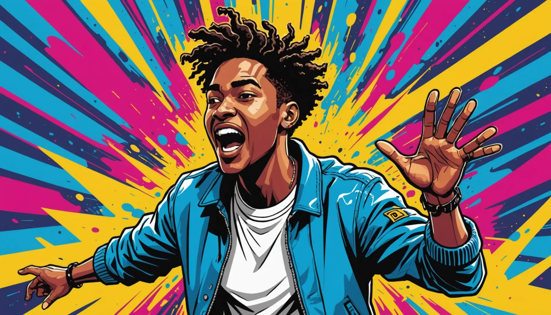 Editorial illustration of a person saying boom meaning slang with comic-style sound waves