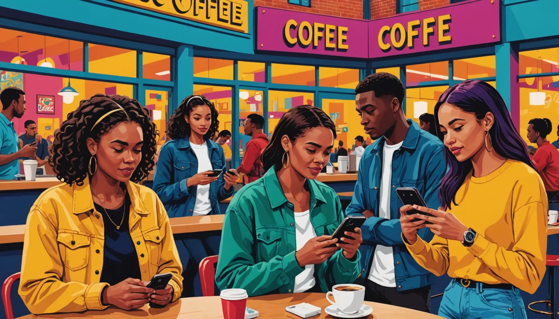 Editorial illustration showing people reacting to texts with the phrase what is fml mean in text