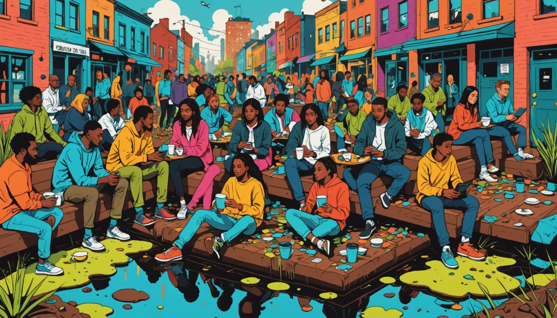 Editorial illustration showing confusion around a literal quagmire, labeled scene hinting at what does quagmire mean