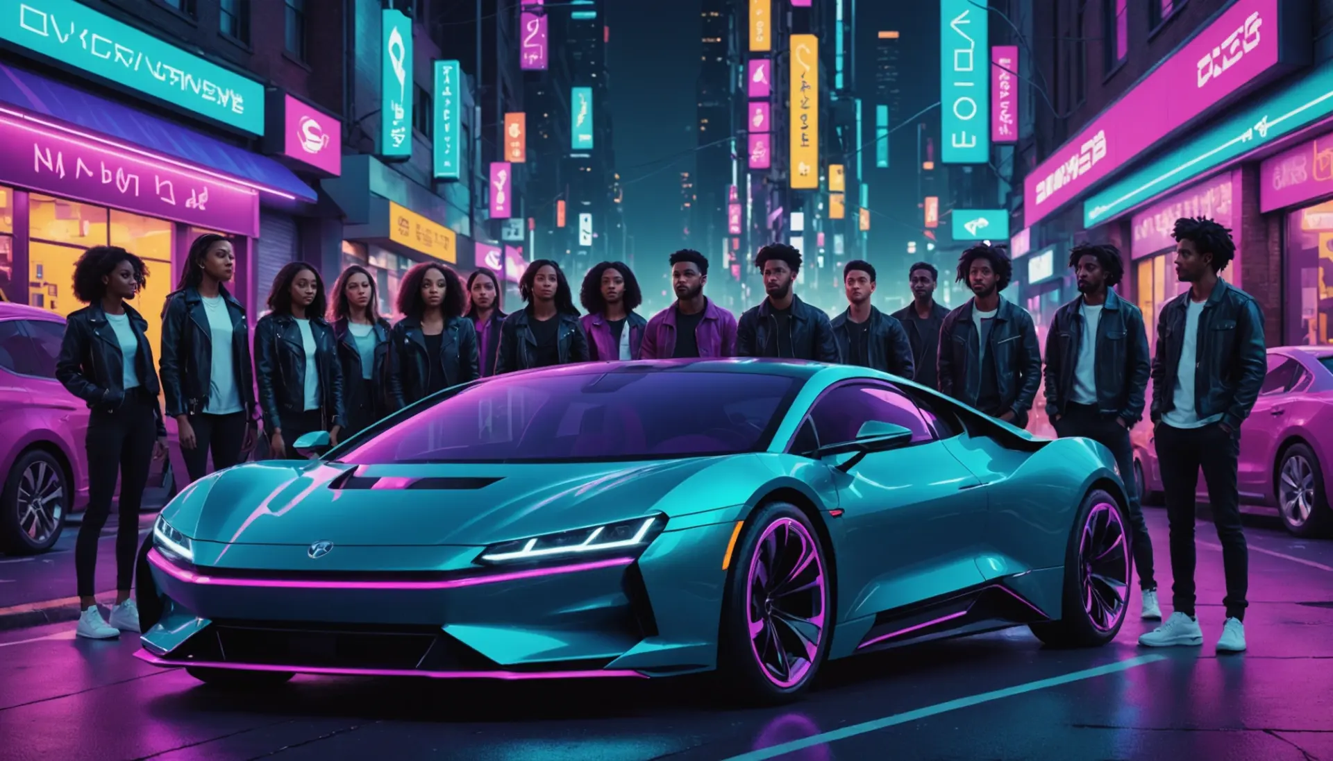 Editorial illustration of a diverse group around a sleek car, evoking tesla meaning slang