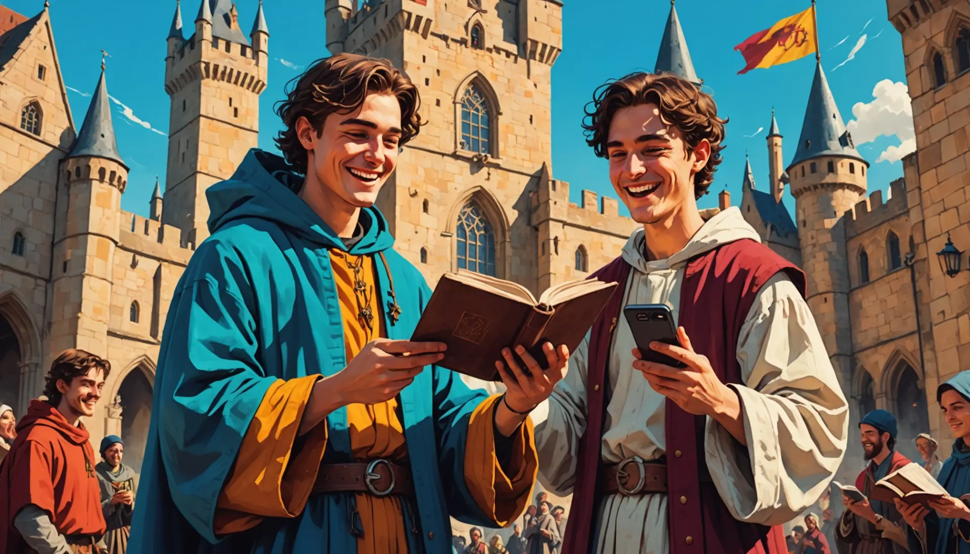 Editorial illustration showing a nostalgic scene labeled 'what does yore mean' with characters in modern and medieval clothing