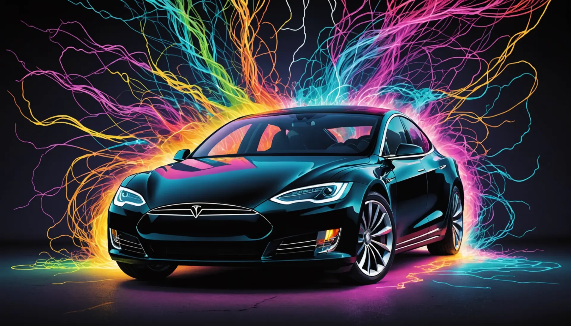 Editorial illustration showing the phrase what does tesla mean concept: electric car, Nikola Tesla silhouette, and buzzing neon energy