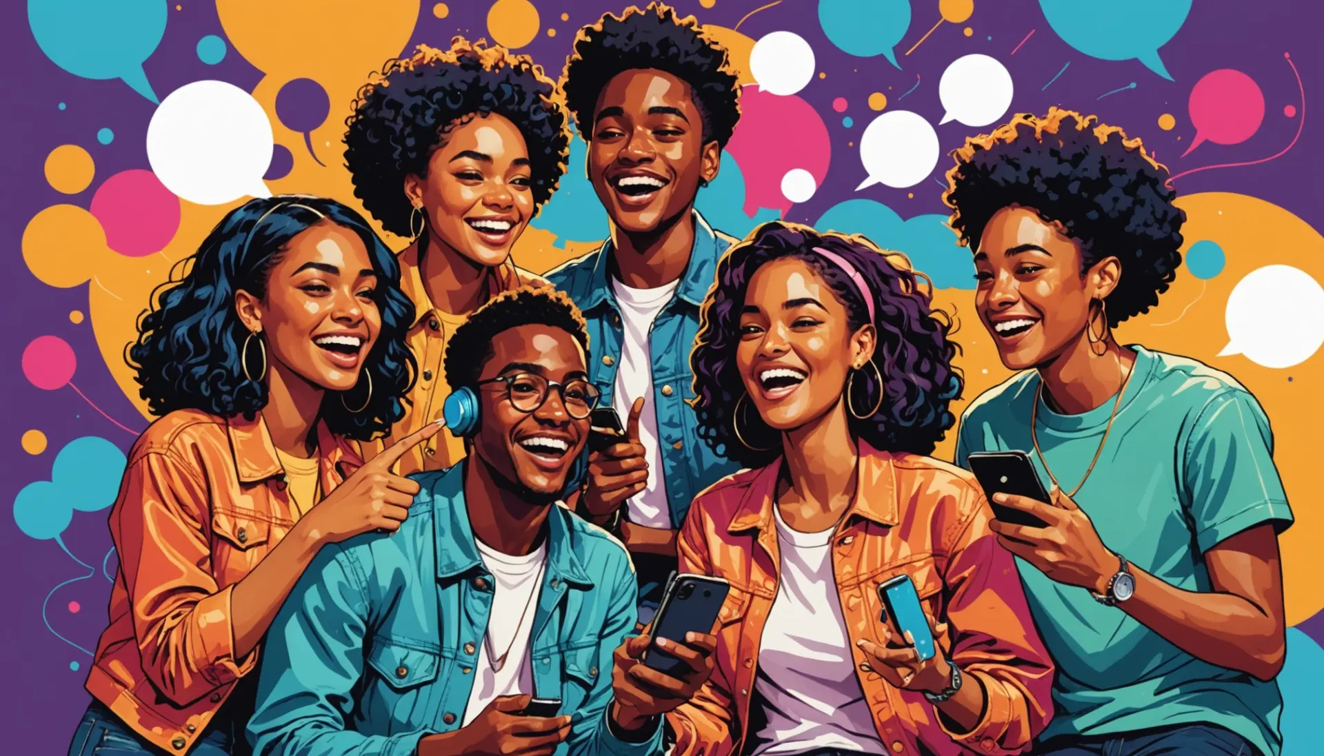 Editorial illustration of young people texting with the phrase hur meaning slang visible as chat bubbles
