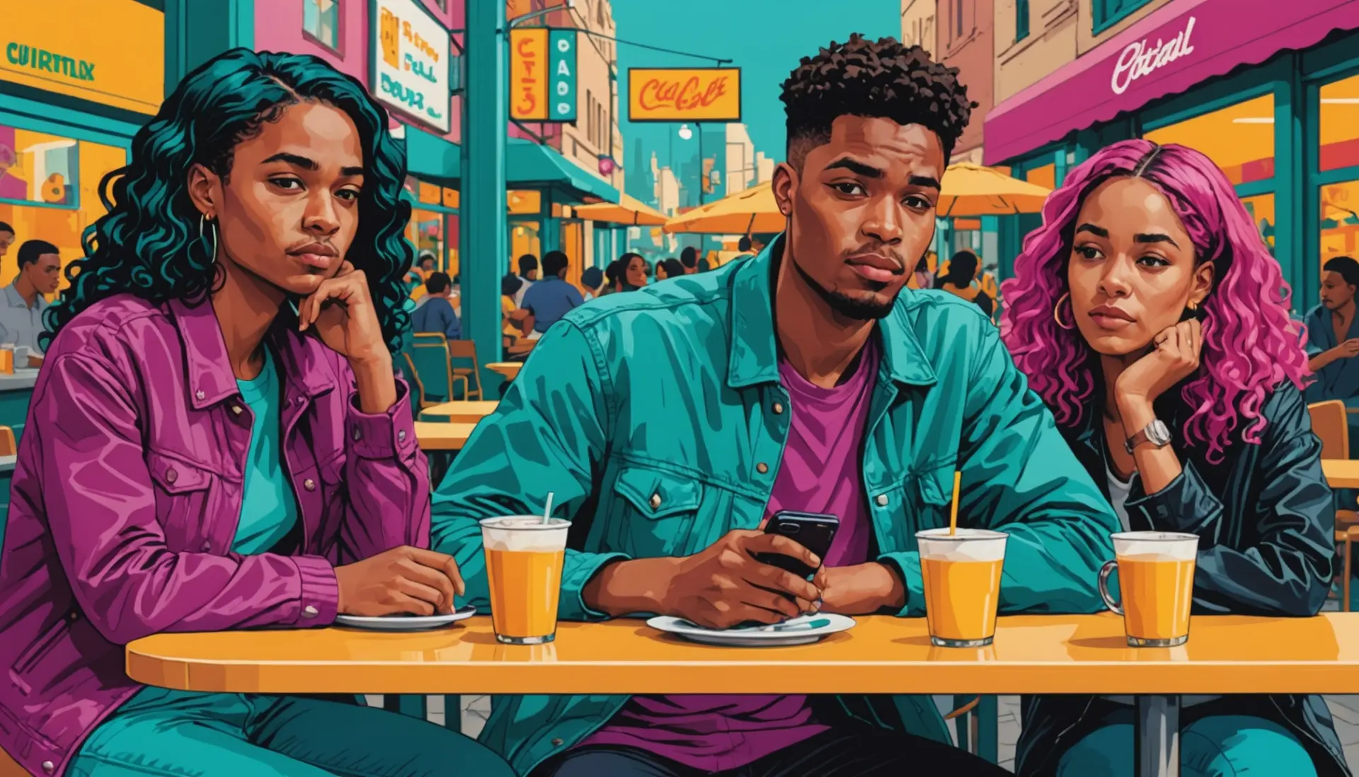 Editorial illustration of young people embodying a jaded meaning slang mood