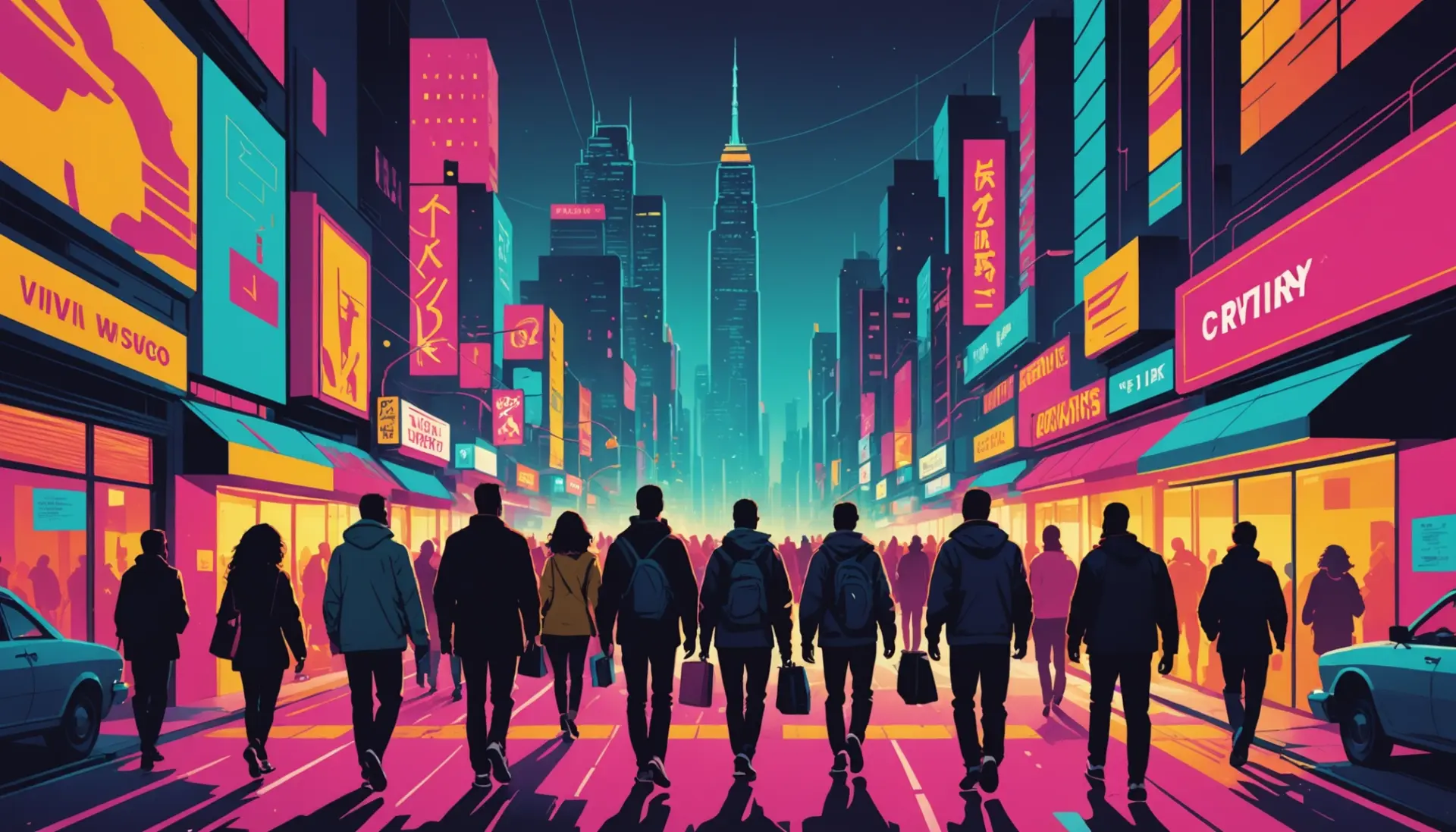 Editorial illustration showing the phrase what does exodus mean as a concept, with people leaving a cityscape