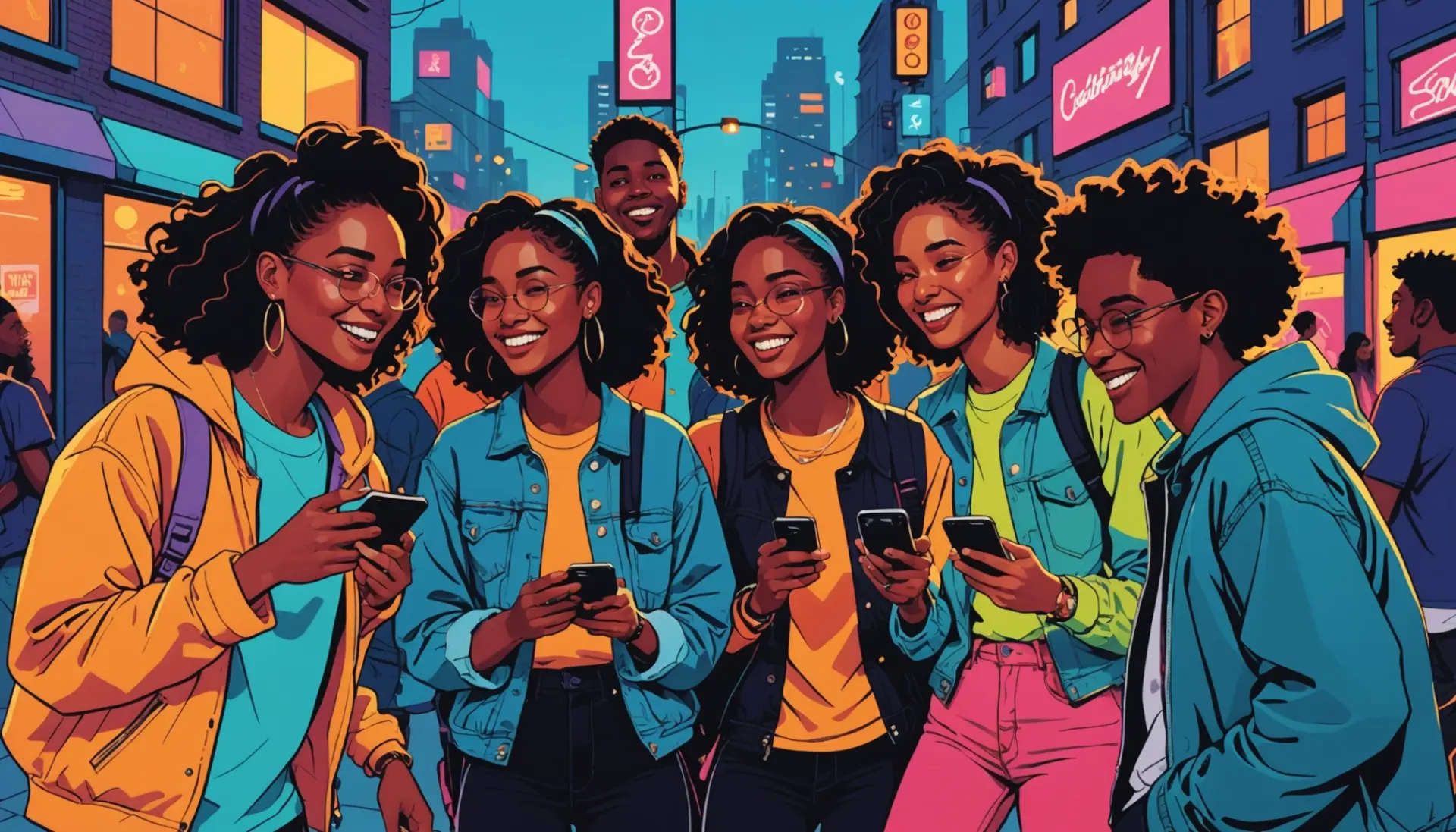 Editorial illustration showing young people using the phrase what does on nation mean in slang while chatting on their phones