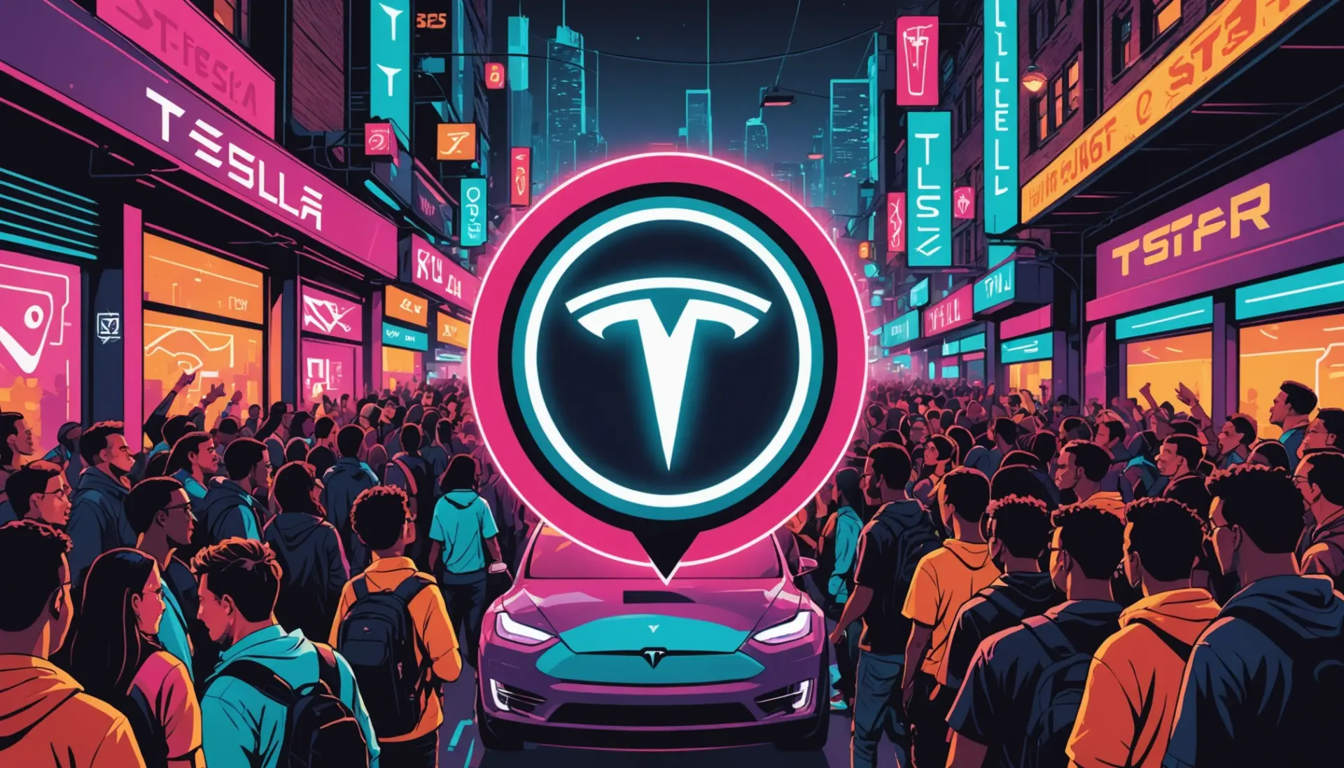 Editorial illustration showing the tesla logo meaning slang as a stylized T used in meme culture