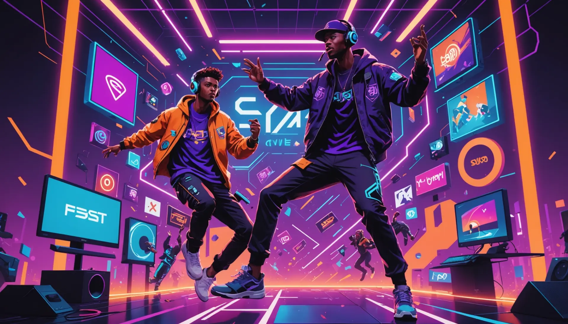 Editorial illustration showing urban performers and gamers representing what does bodies mean in slang