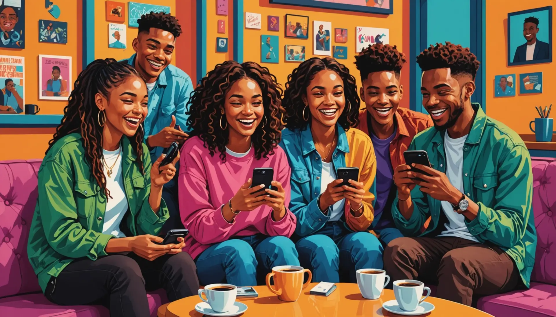 Editorial illustration of young people discussing blouse urban dictionary on phones